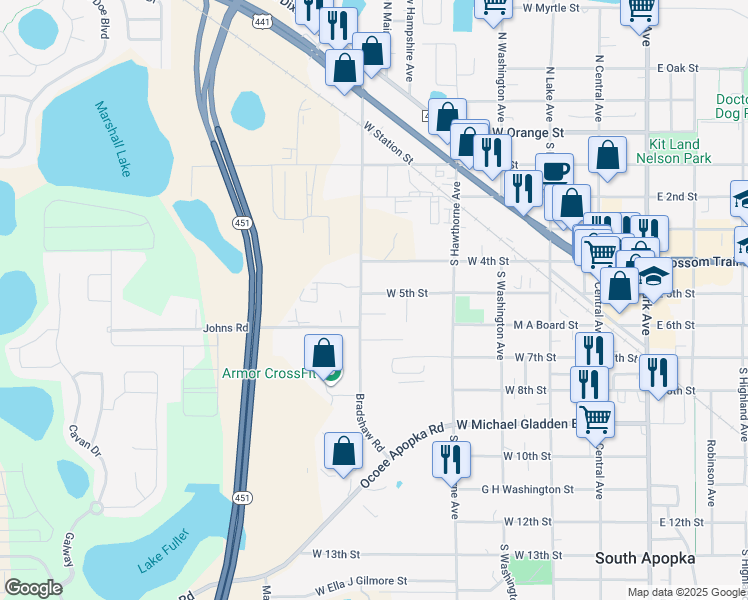 map of restaurants, bars, coffee shops, grocery stores, and more near 422 Bertson Court in Apopka