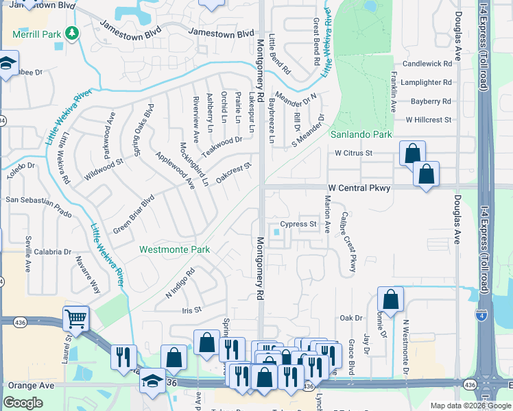 map of restaurants, bars, coffee shops, grocery stores, and more near 550 Via Del Oro Drive in Altamonte Springs
