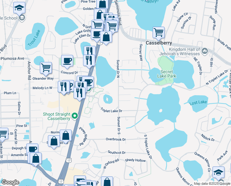 map of restaurants, bars, coffee shops, grocery stores, and more near 70 Sunset Drive North in Casselberry