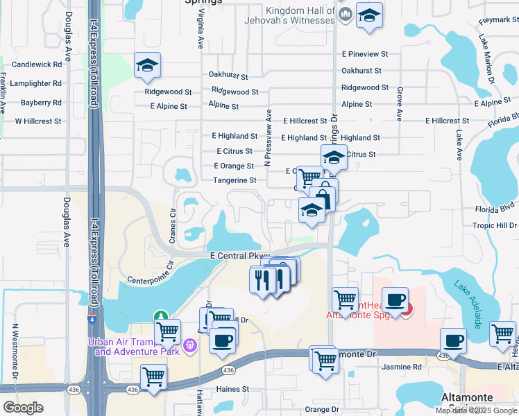 map of restaurants, bars, coffee shops, grocery stores, and more near 545 One Center Boulevard in Altamonte Springs