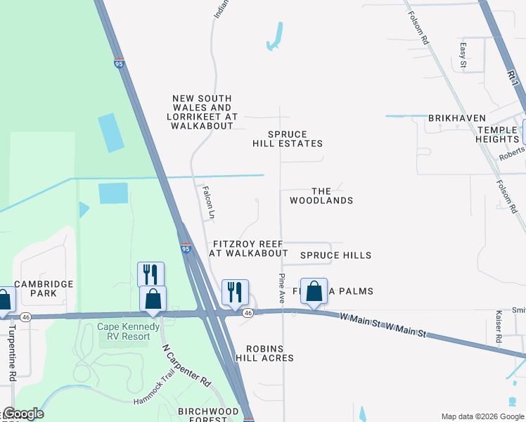 map of restaurants, bars, coffee shops, grocery stores, and more near 4107 Fitzroy Reef Drive in Mims