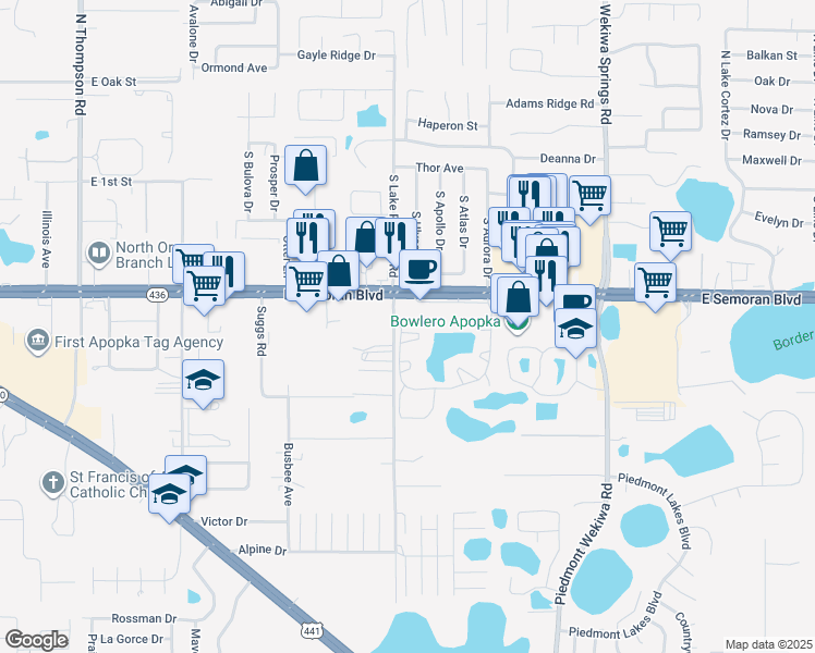 map of restaurants, bars, coffee shops, grocery stores, and more near 1820 East Semoran Boulevard in Apopka