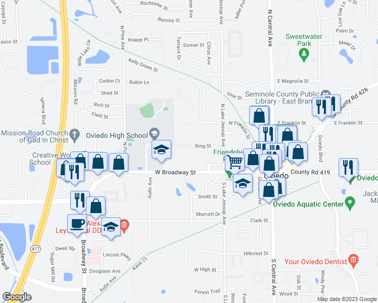 map of restaurants, bars, coffee shops, grocery stores, and more near 454 King Street in Oviedo