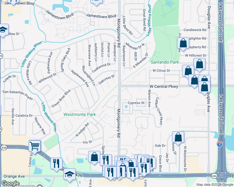 map of restaurants, bars, coffee shops, grocery stores, and more near 550 Via Del Oro Drive in Altamonte Springs