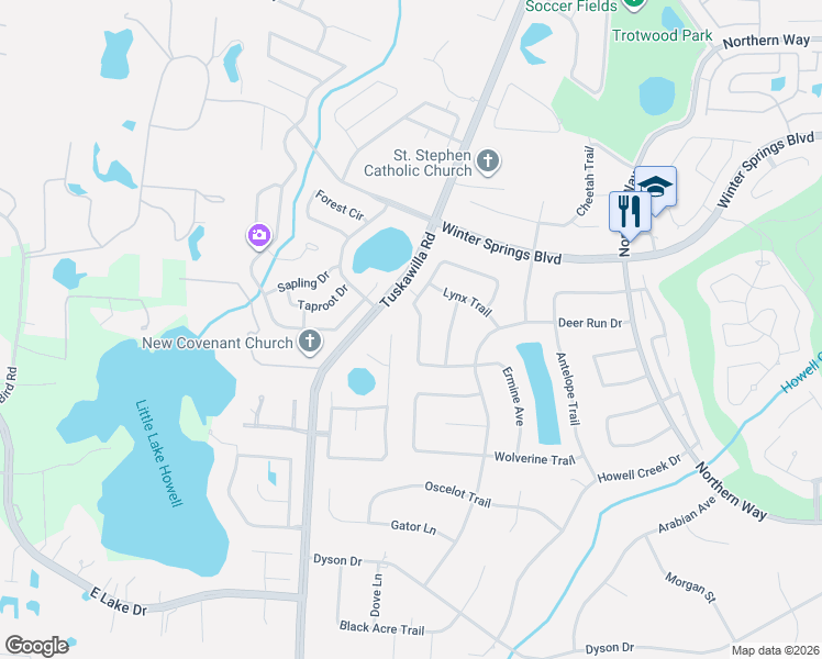 map of restaurants, bars, coffee shops, grocery stores, and more near 843 Leopard Trail in Winter Springs