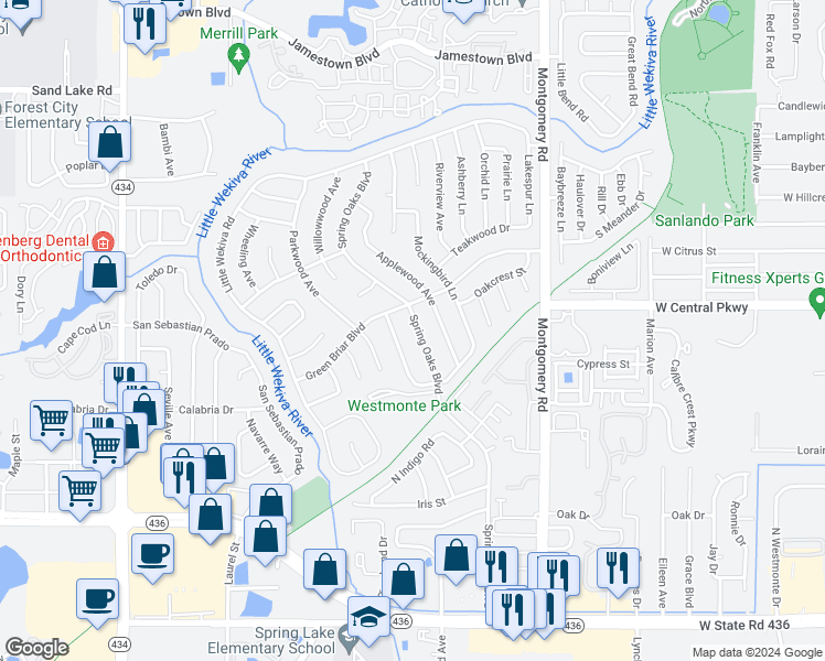 map of restaurants, bars, coffee shops, grocery stores, and more near 520 Spring Oaks Boulevard in Altamonte Springs