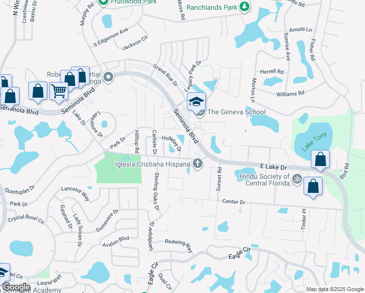 map of restaurants, bars, coffee shops, grocery stores, and more near 1750 Holliday Drive in Casselberry