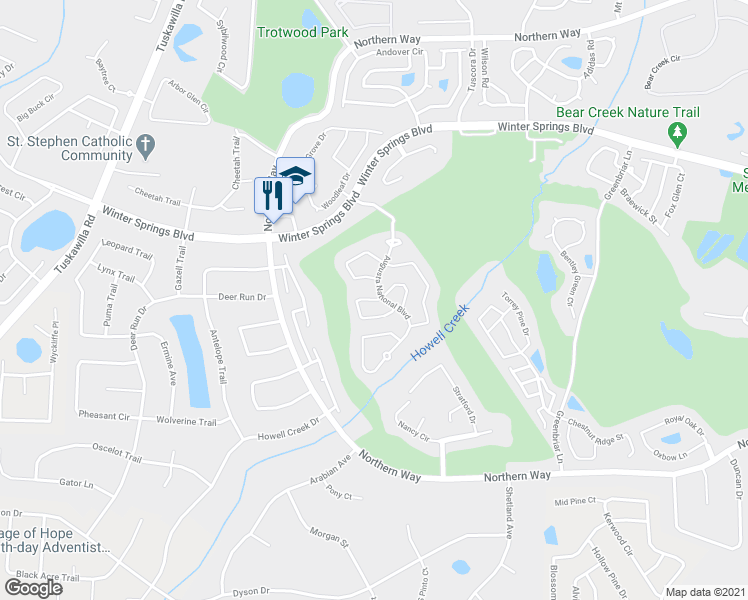 map of restaurants, bars, coffee shops, grocery stores, and more near 1152 West Winged Foot Circle in Winter Springs