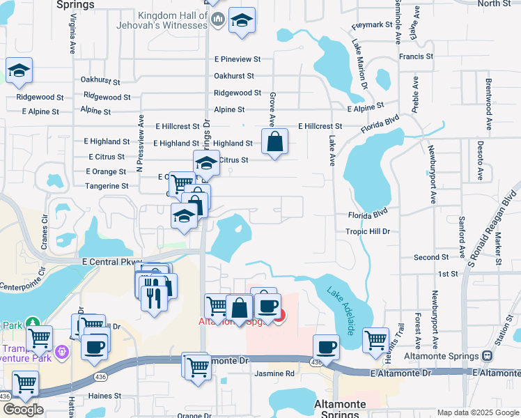 map of restaurants, bars, coffee shops, grocery stores, and more near 500 Sabal Palm Circle in Altamonte Springs