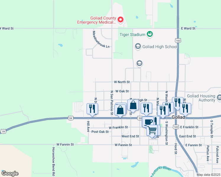 map of restaurants, bars, coffee shops, grocery stores, and more near 448 North San Patricio Street in Goliad