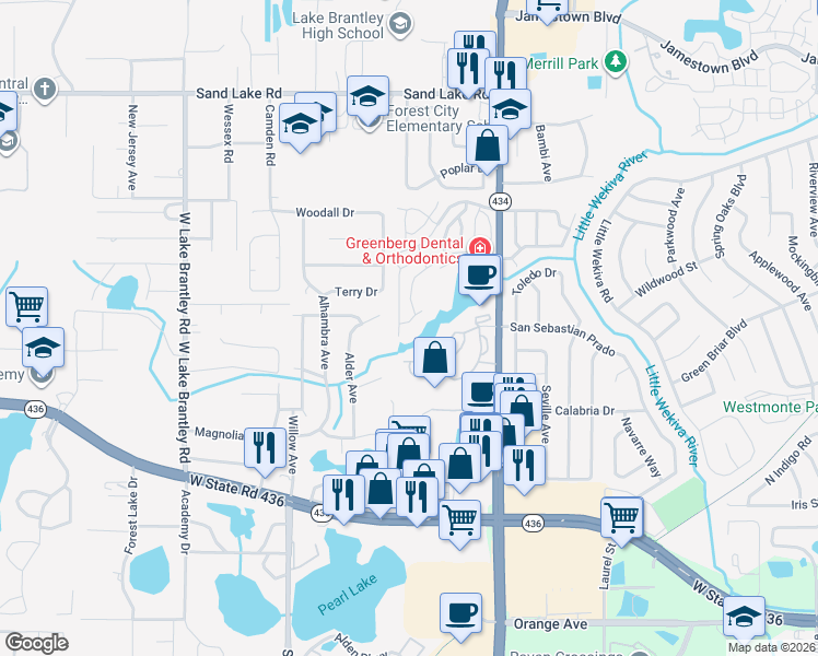 map of restaurants, bars, coffee shops, grocery stores, and more near 621 Dory Lane in Altamonte Springs