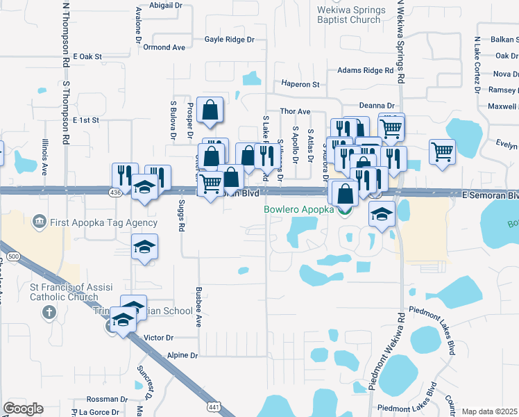 map of restaurants, bars, coffee shops, grocery stores, and more near 1706 Florida 436 in Apopka