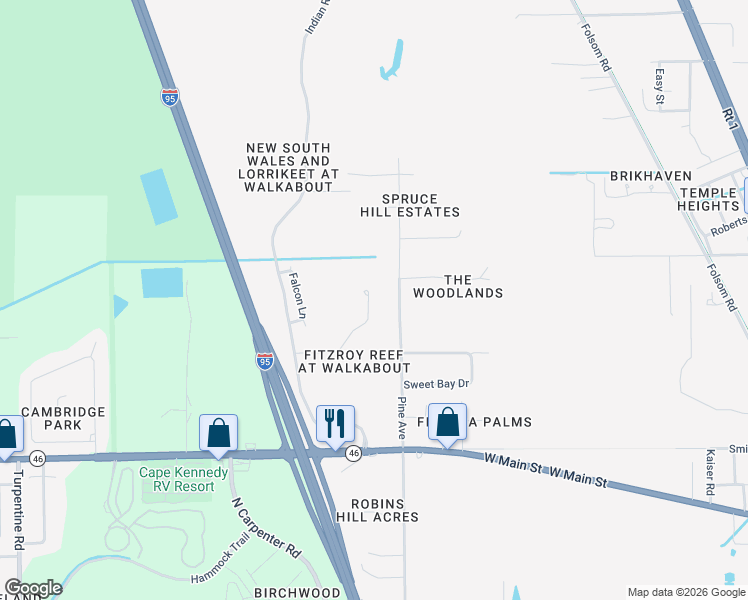 map of restaurants, bars, coffee shops, grocery stores, and more near 4087 Fitzroy Reef Drive in Mims