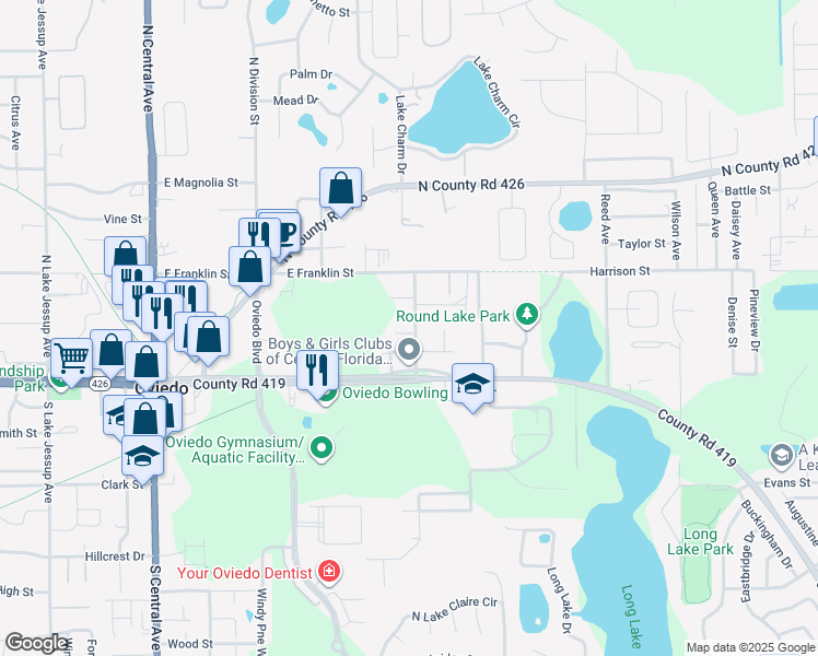 map of restaurants, bars, coffee shops, grocery stores, and more near 148 Adeline B Tinsley Way in Oviedo