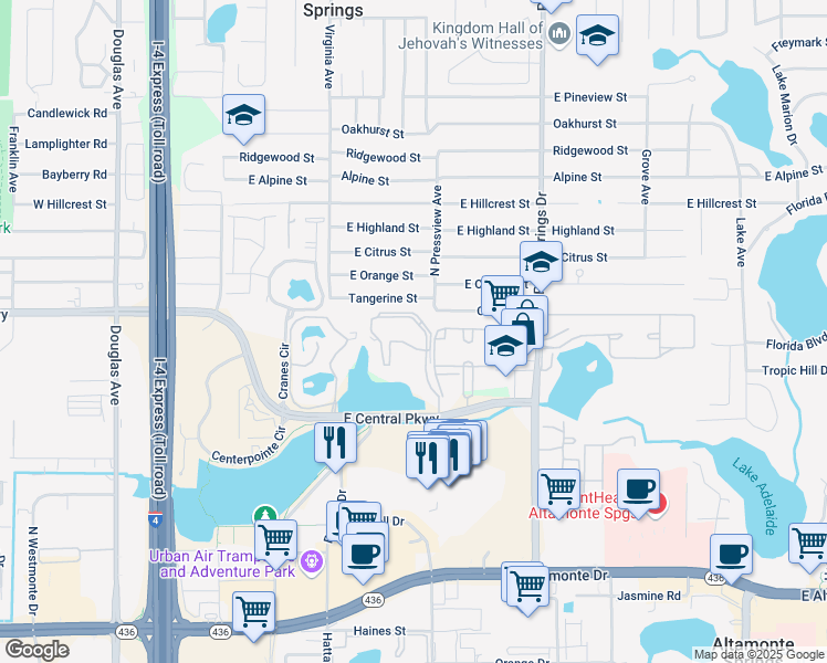 map of restaurants, bars, coffee shops, grocery stores, and more near 620 Cranes Way in Altamonte Springs