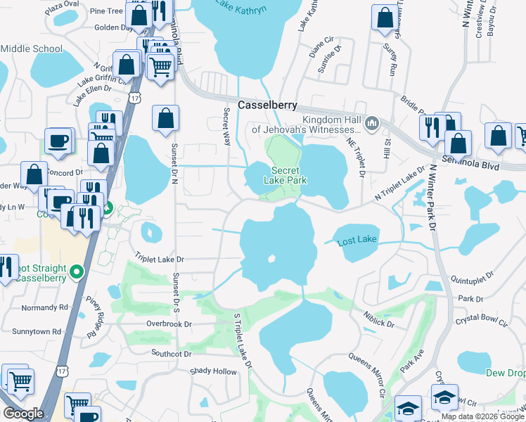map of restaurants, bars, coffee shops, grocery stores, and more near 151 North Triplet Lake Drive in Casselberry