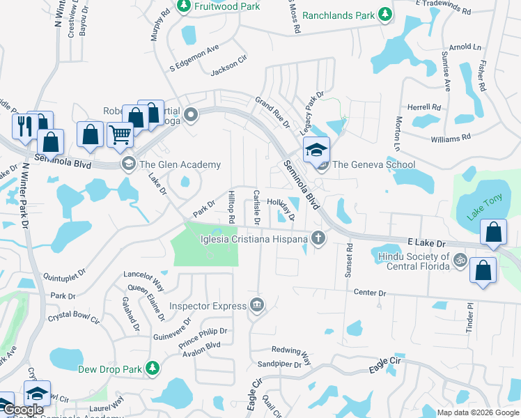 map of restaurants, bars, coffee shops, grocery stores, and more near 1425 Huntington Drive in Casselberry