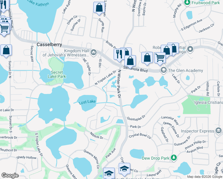map of restaurants, bars, coffee shops, grocery stores, and more near 113 Norris Place in Casselberry
