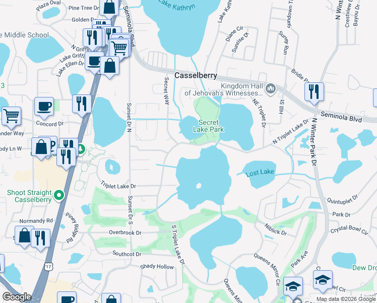 map of restaurants, bars, coffee shops, grocery stores, and more near 151 North Triplet Lake Drive in Casselberry