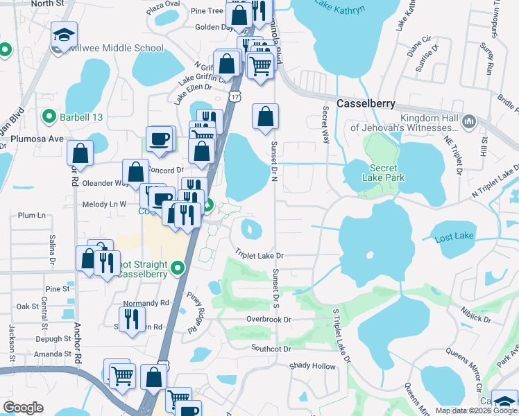 map of restaurants, bars, coffee shops, grocery stores, and more near 151 Quail Pond Circle in Casselberry