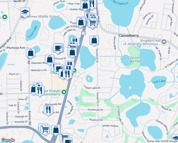 map of restaurants, bars, coffee shops, grocery stores, and more near 151 Quail Pond Circle in Casselberry