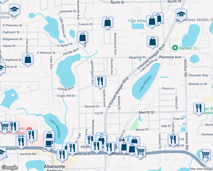 map of restaurants, bars, coffee shops, grocery stores, and more near 915 Baywood Street in Altamonte Springs