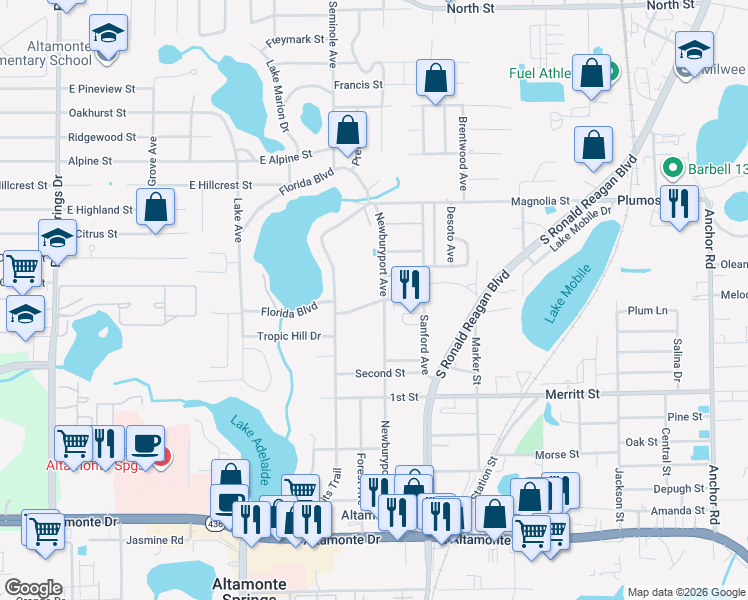 map of restaurants, bars, coffee shops, grocery stores, and more near 821 Baywood Street in Altamonte Springs