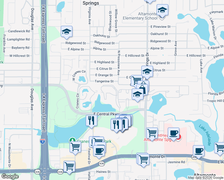 map of restaurants, bars, coffee shops, grocery stores, and more near 620 Cranes Way in Altamonte Springs
