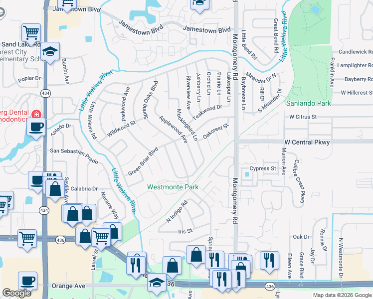map of restaurants, bars, coffee shops, grocery stores, and more near 521 Applewood Avenue in Altamonte Springs