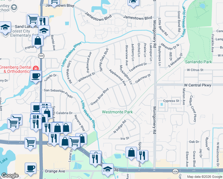 map of restaurants, bars, coffee shops, grocery stores, and more near 609 Greenbriar Boulevard in Altamonte Springs