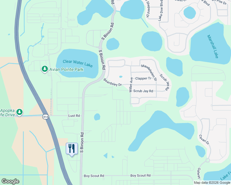 map of restaurants, bars, coffee shops, grocery stores, and more near 2250 Scrub Jay Road in Apopka