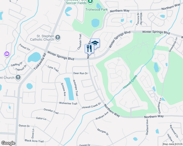 map of restaurants, bars, coffee shops, grocery stores, and more near 916 Cypresswood Court in Winter Springs