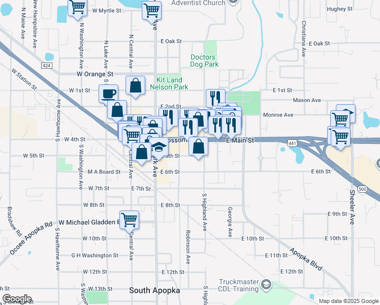 map of restaurants, bars, coffee shops, grocery stores, and more near 215 East 5th Street in Apopka