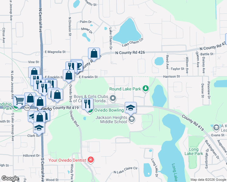 map of restaurants, bars, coffee shops, grocery stores, and more near 148 Adeline B Tinsley Way in Oviedo