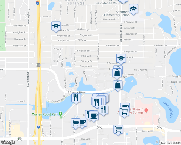 map of restaurants, bars, coffee shops, grocery stores, and more near 620 Cranes Way in Altamonte Springs