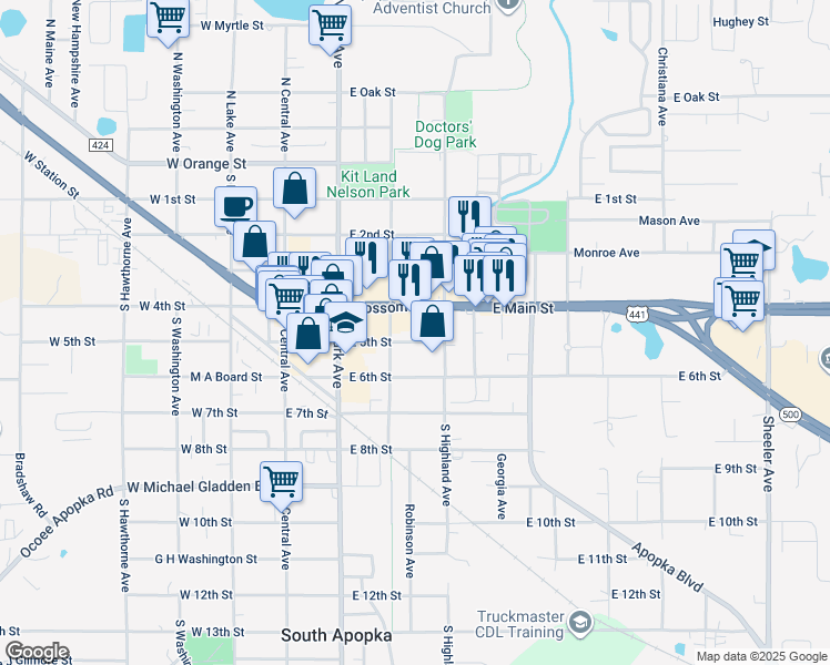 map of restaurants, bars, coffee shops, grocery stores, and more near 215 East 5th Street in Apopka