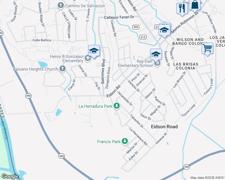 map of restaurants, bars, coffee shops, grocery stores, and more near 2421 Eidson Road in Eagle Pass