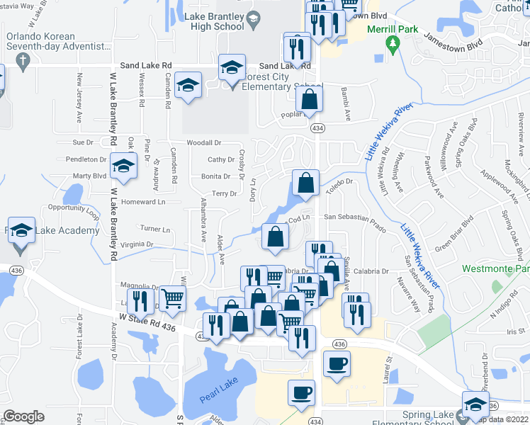 map of restaurants, bars, coffee shops, grocery stores, and more near 956 Salt Pond Place in Altamonte Springs