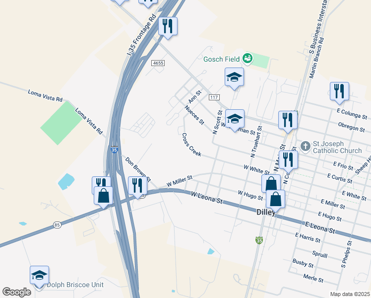 map of restaurants, bars, coffee shops, grocery stores, and more near 500 Cross Creek in Dilley