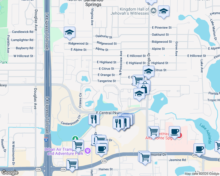map of restaurants, bars, coffee shops, grocery stores, and more near 620 Cranes Way in Altamonte Springs