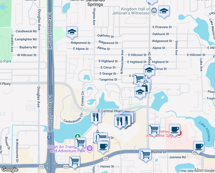 map of restaurants, bars, coffee shops, grocery stores, and more near 620 Cranes Way in Altamonte Springs