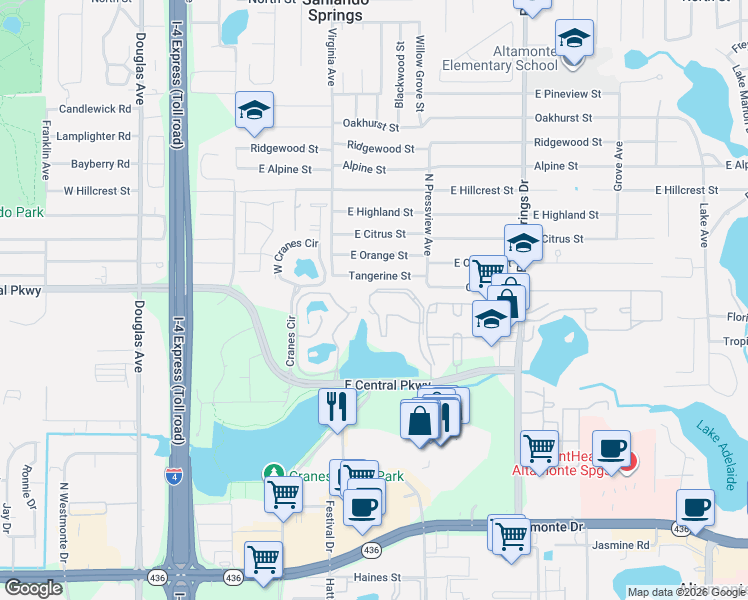 map of restaurants, bars, coffee shops, grocery stores, and more near 690 Altamira Circle in Altamonte Springs