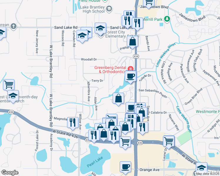 map of restaurants, bars, coffee shops, grocery stores, and more near 621 Dory Lane in Altamonte Springs