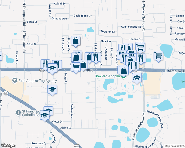map of restaurants, bars, coffee shops, grocery stores, and more near 1706 Florida 436 in Apopka