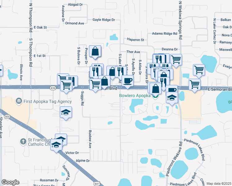 map of restaurants, bars, coffee shops, grocery stores, and more near 1706 Florida 436 in Apopka