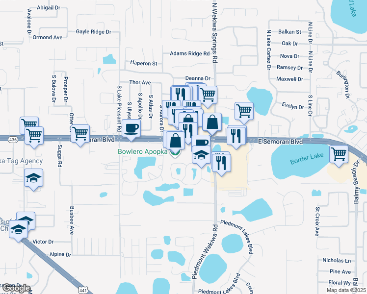 map of restaurants, bars, coffee shops, grocery stores, and more near 2182 East Semoran Boulevard in Apopka