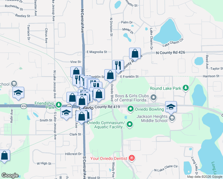 map of restaurants, bars, coffee shops, grocery stores, and more near 190 Oviedo Boulevard in Oviedo