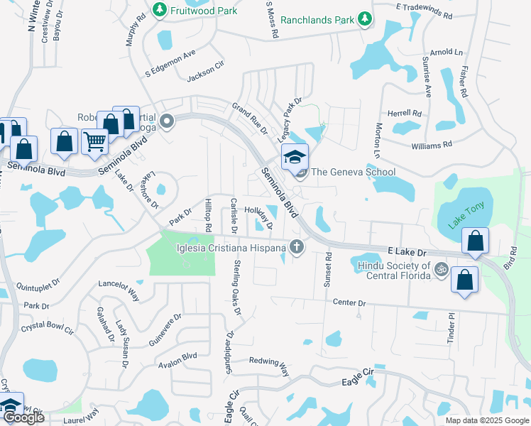 map of restaurants, bars, coffee shops, grocery stores, and more near 1750 Holliday Drive in Casselberry