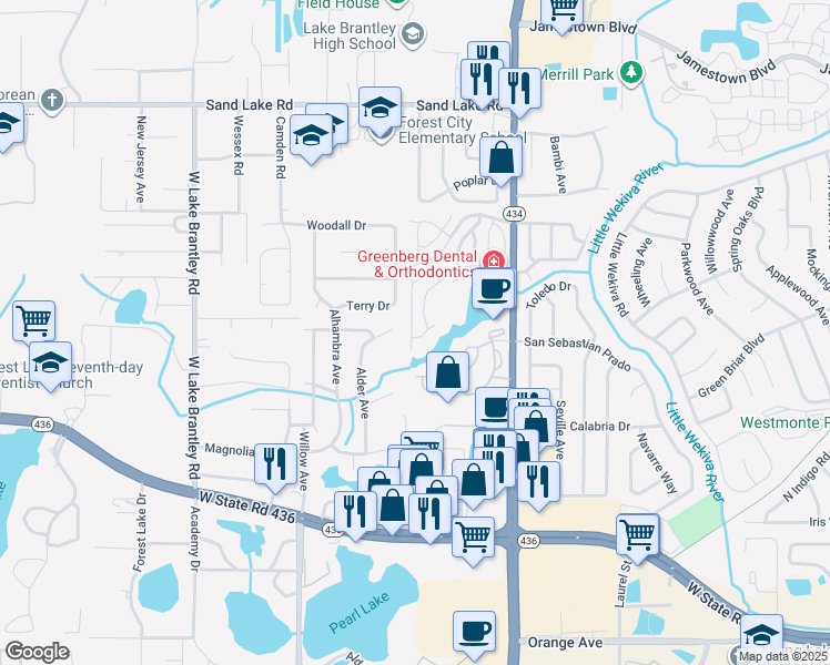 map of restaurants, bars, coffee shops, grocery stores, and more near 621 Dory Lane in Altamonte Springs