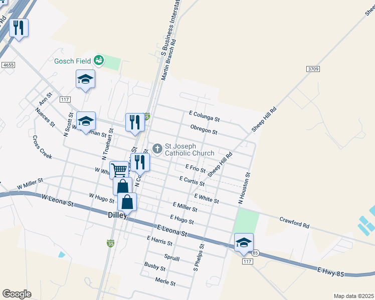map of restaurants, bars, coffee shops, grocery stores, and more near 228 East Kinsel Street in Dilley